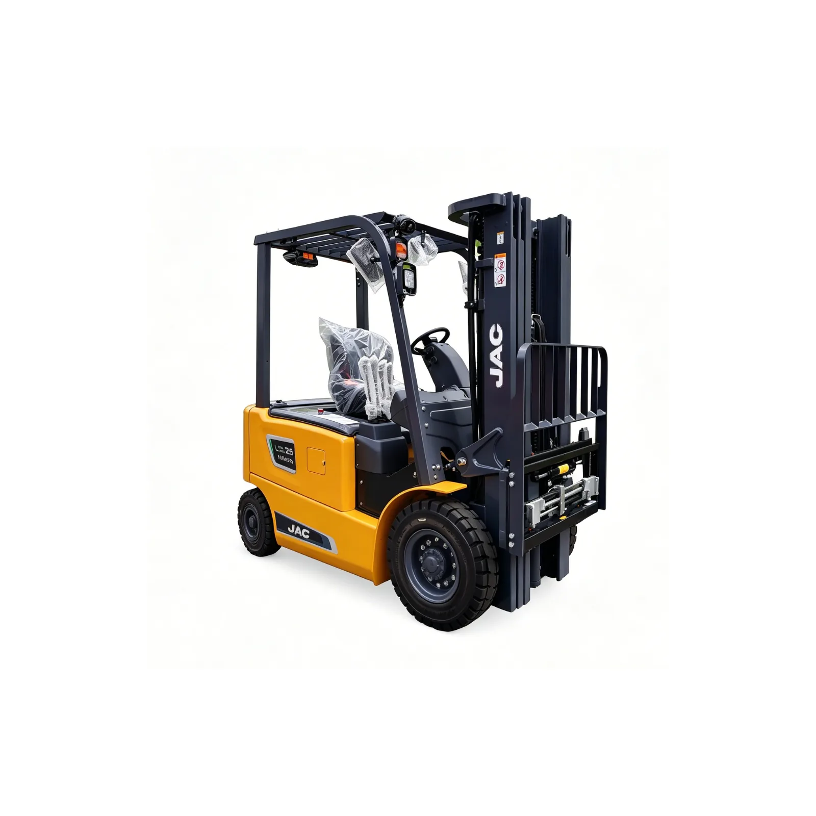 JAC CPD25L electric forklift front-left three-quarter view in yellow