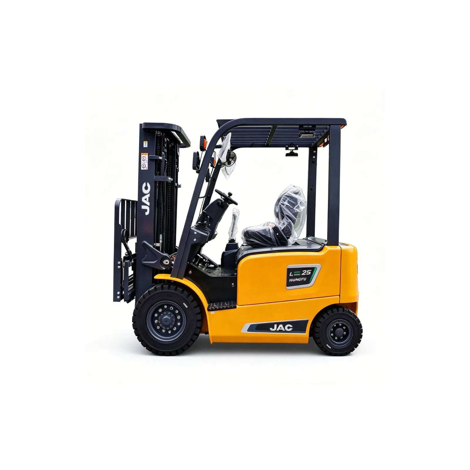 Left side view of yellow JAC CPD25L electric forklift