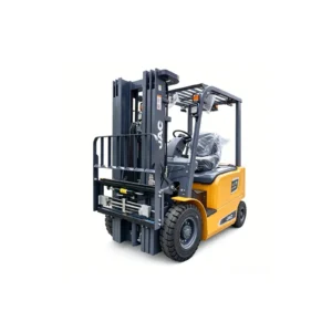 JAC CPD25L electric forklift, front-right three-quarter view, yellow