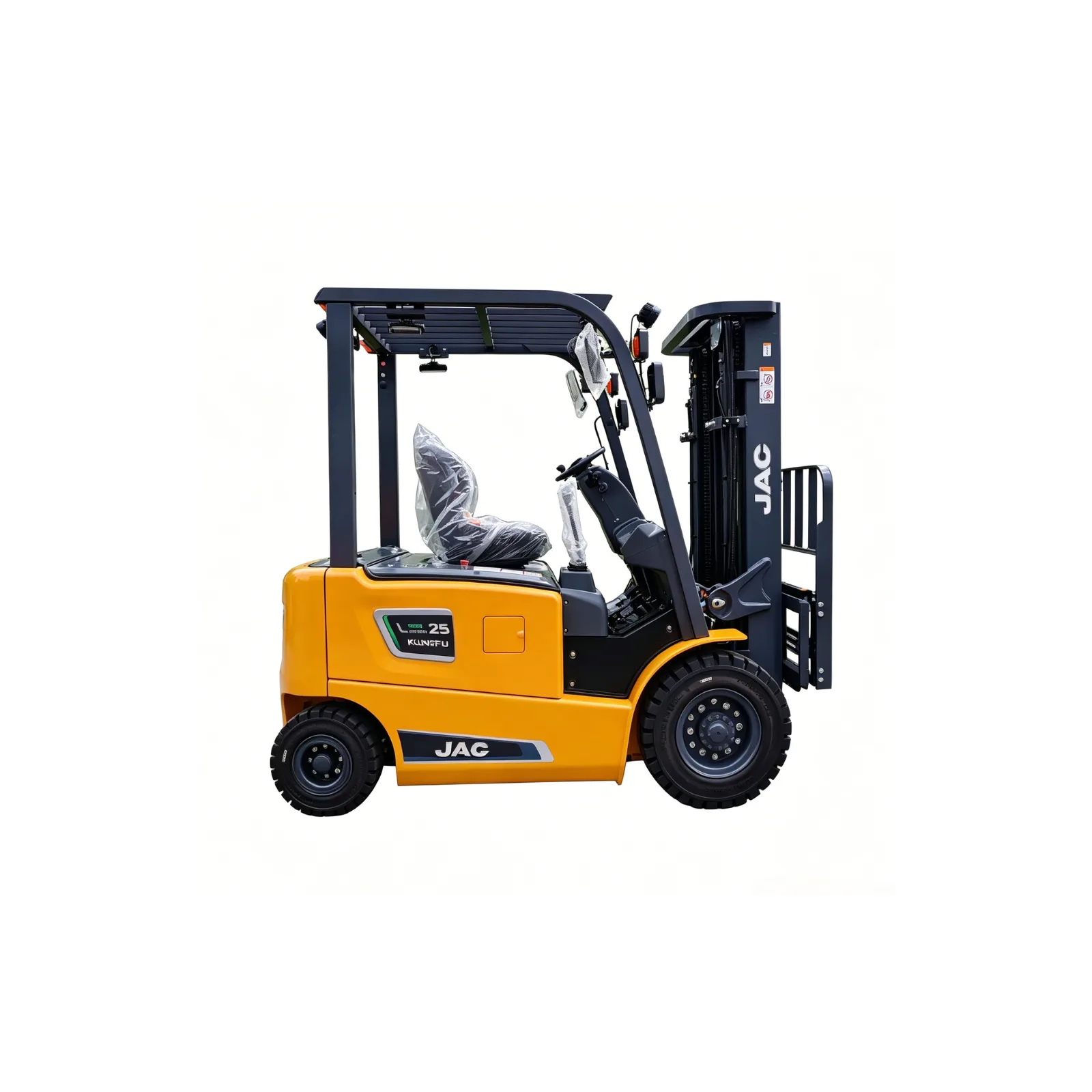 Right side view of yellow JAC CPD25L electric forklift