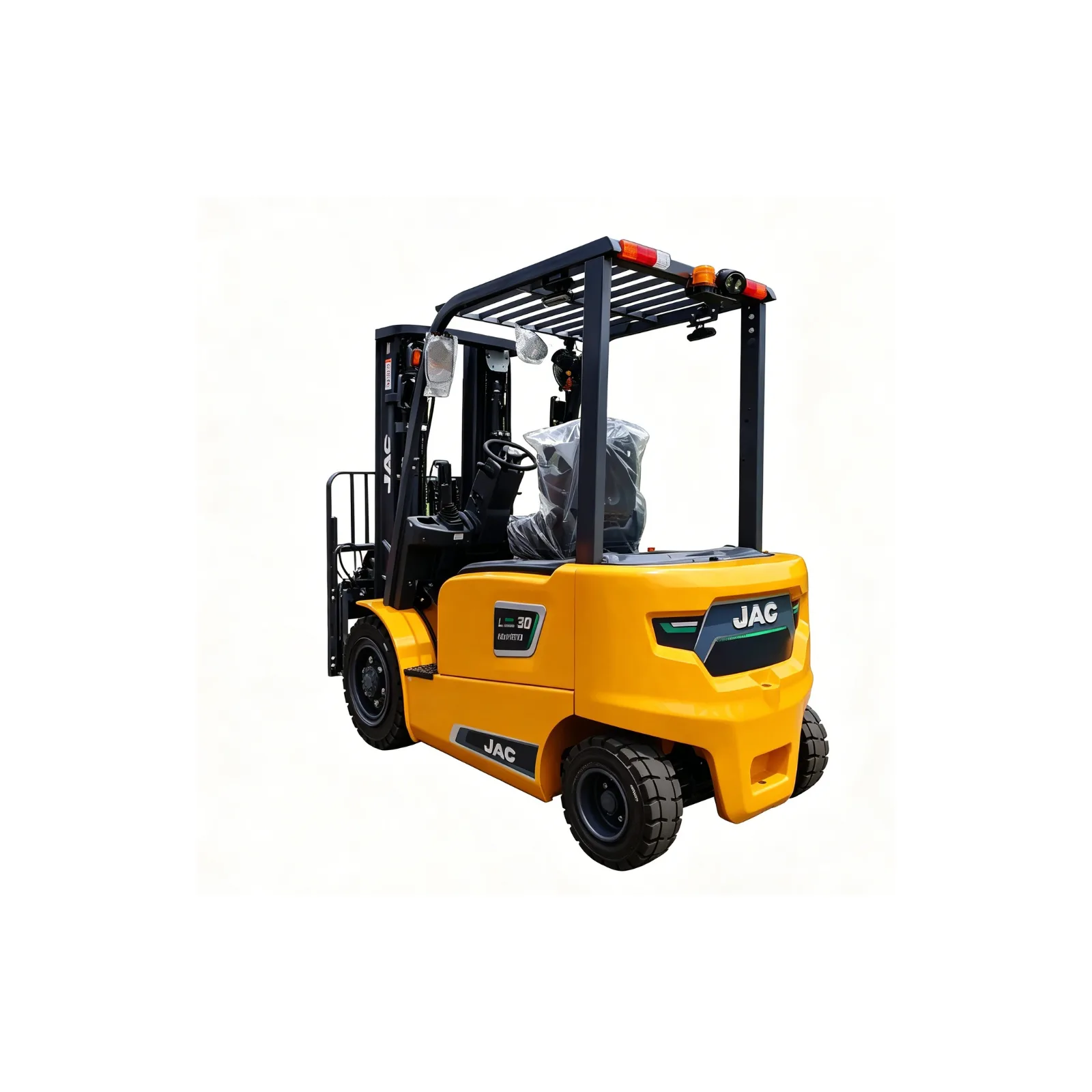 Rear-right three-quarter view of JAC CPD30L electric forklift.