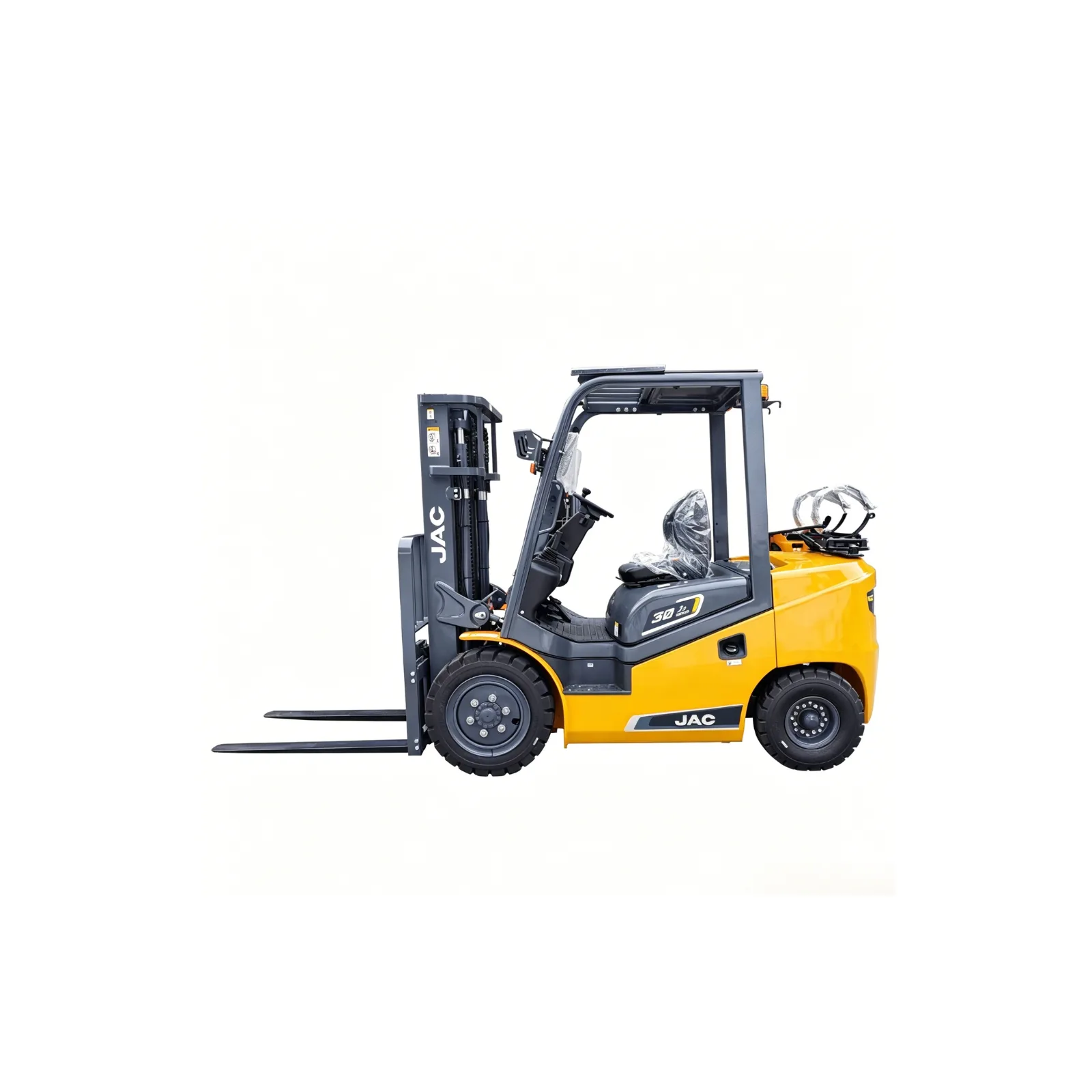 Left side view of JAC CPQYD30J-II dual-fuel forklift with solid tires