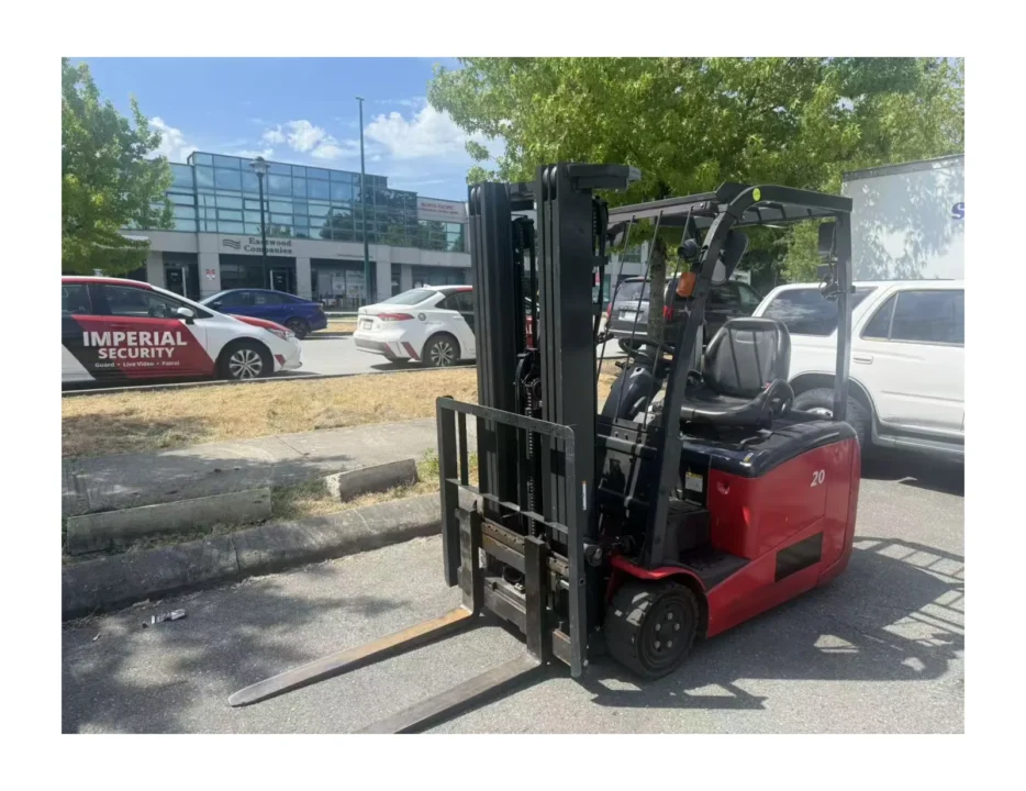 Electric forklift with side shift, red, front three-quarter view